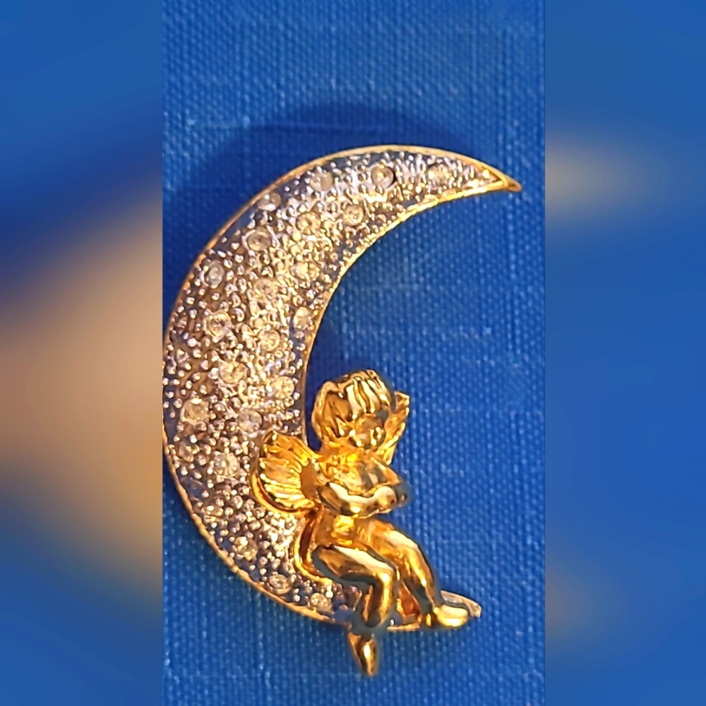 Joseph Cleary Signed Angel and Crescent Moon w Rhinestones Brooch